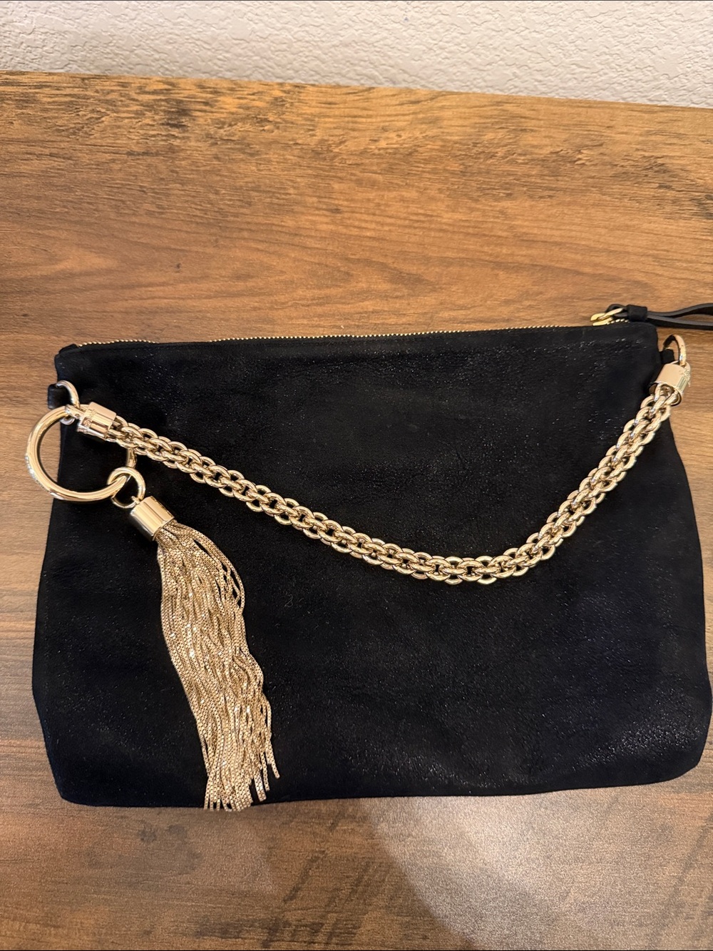 Jimmy Choo Black Shimmer Suede Clutch with Gold Chain & Tassel